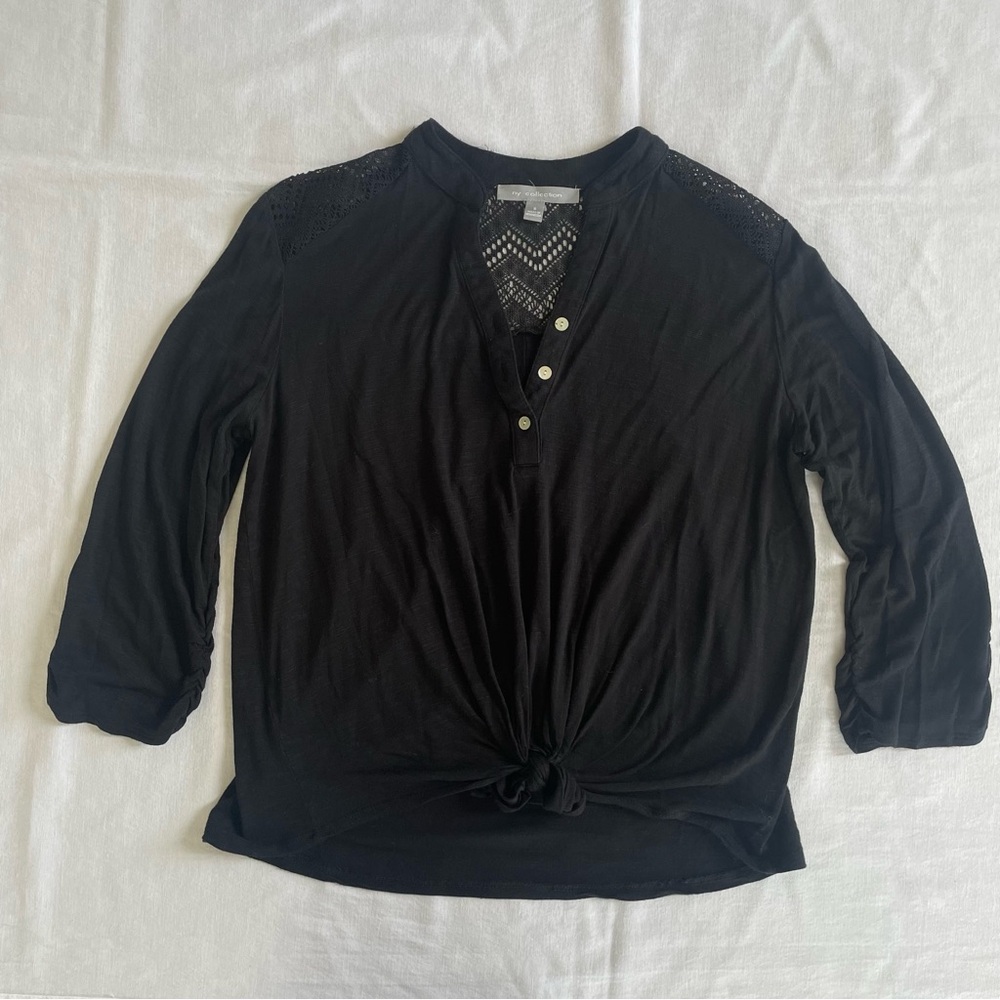 Ny Collection Henley Lace Shoulder & Ruched Sleeve Blouse Women’s S